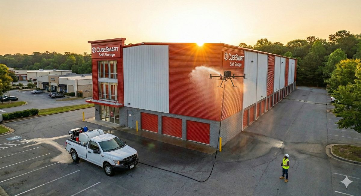 Commercial building exterior cleaning by drone