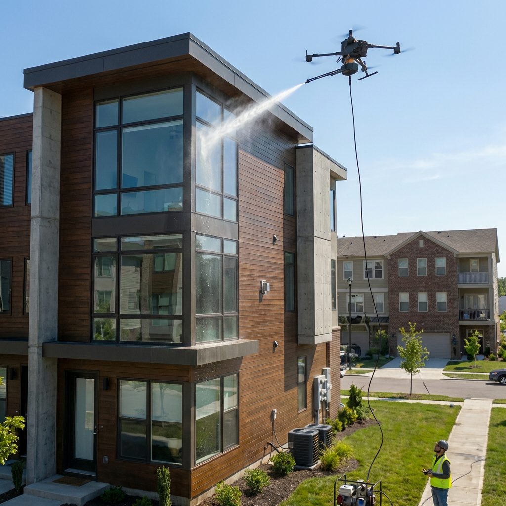 Residential townhome siding cleaning by drone